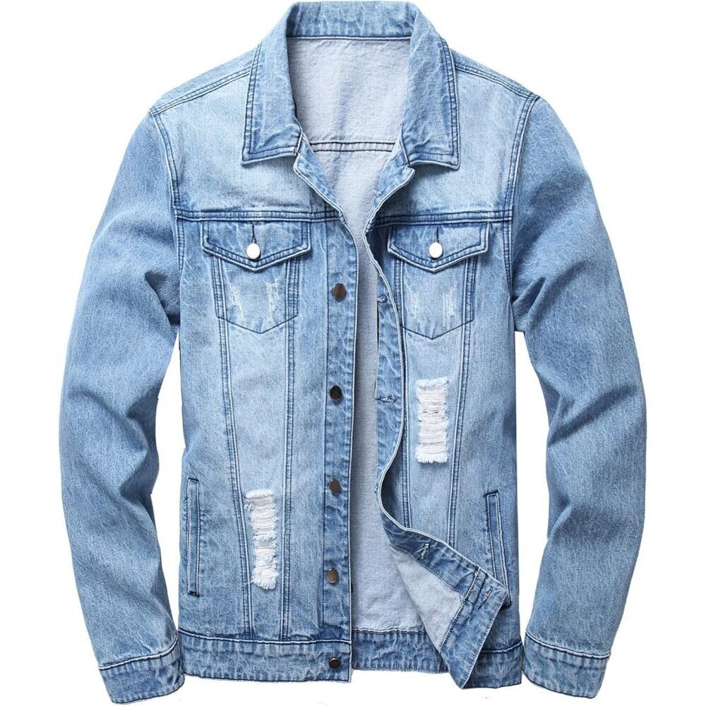 Men's Jean Jacket Distressed Slim Denim Jacket Long Sleeves Button Down Blue